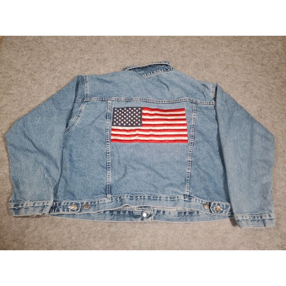 Vintage Denim Jacket American Flag Embroidered Womens Size L Cropped Distressed